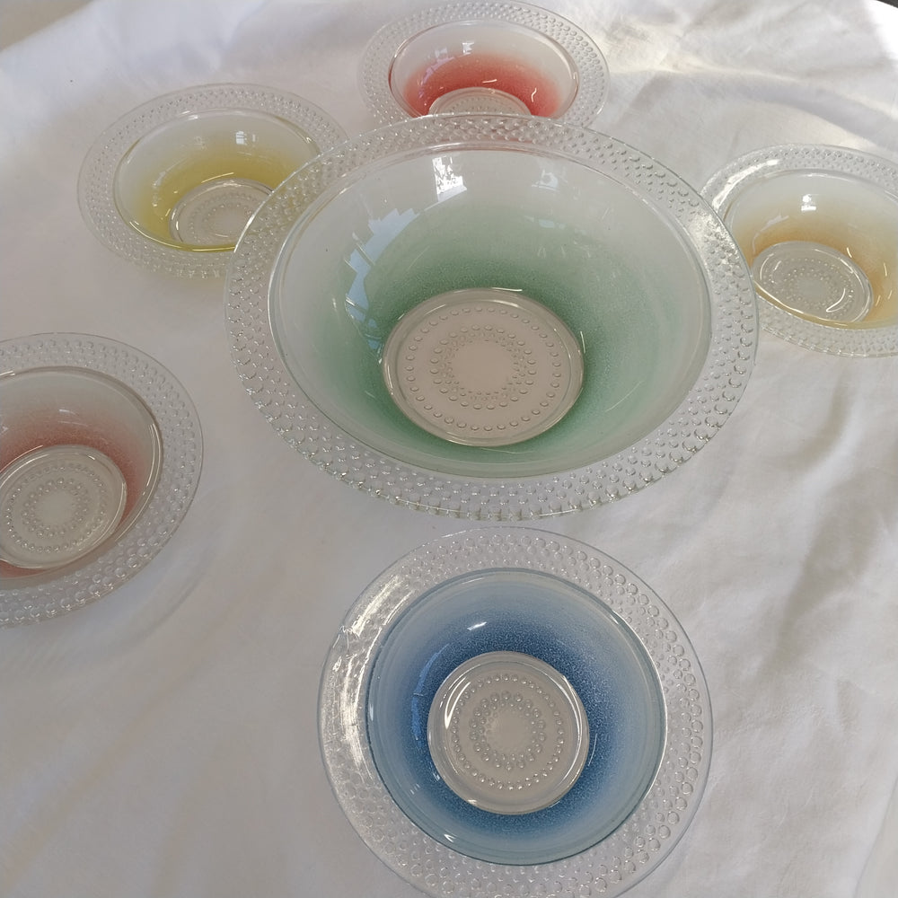 Vintage Hob Nail Coloured  Glass Bowls Set Six Pieces