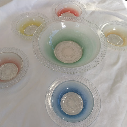 Vintage Hob Nail Coloured  Glass Bowls Set Six Pieces
