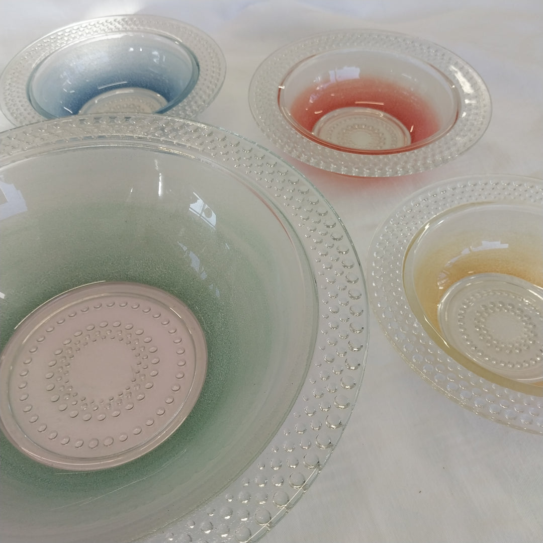 Vintage Hob Nail Coloured  Glass Bowls Set Six Pieces