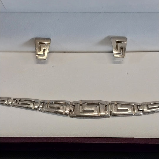Vintage Sterling Silver 925 Greek Key Bracelet and Earring set