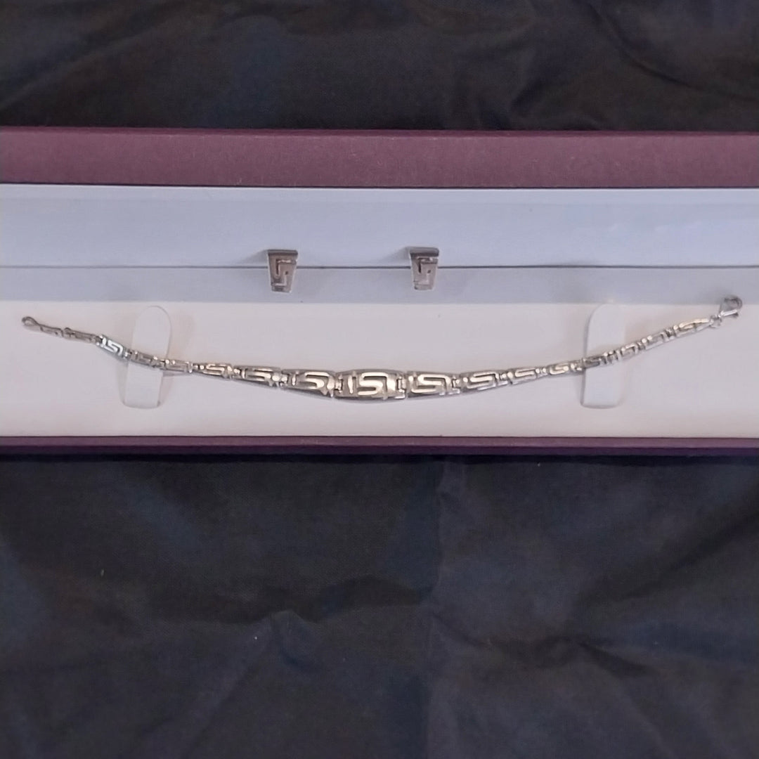 Vintage Sterling Silver 925 Greek Key Bracelet and Earring set