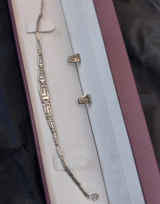 Vintage Sterling Silver 925 Greek Key Bracelet and Earring set