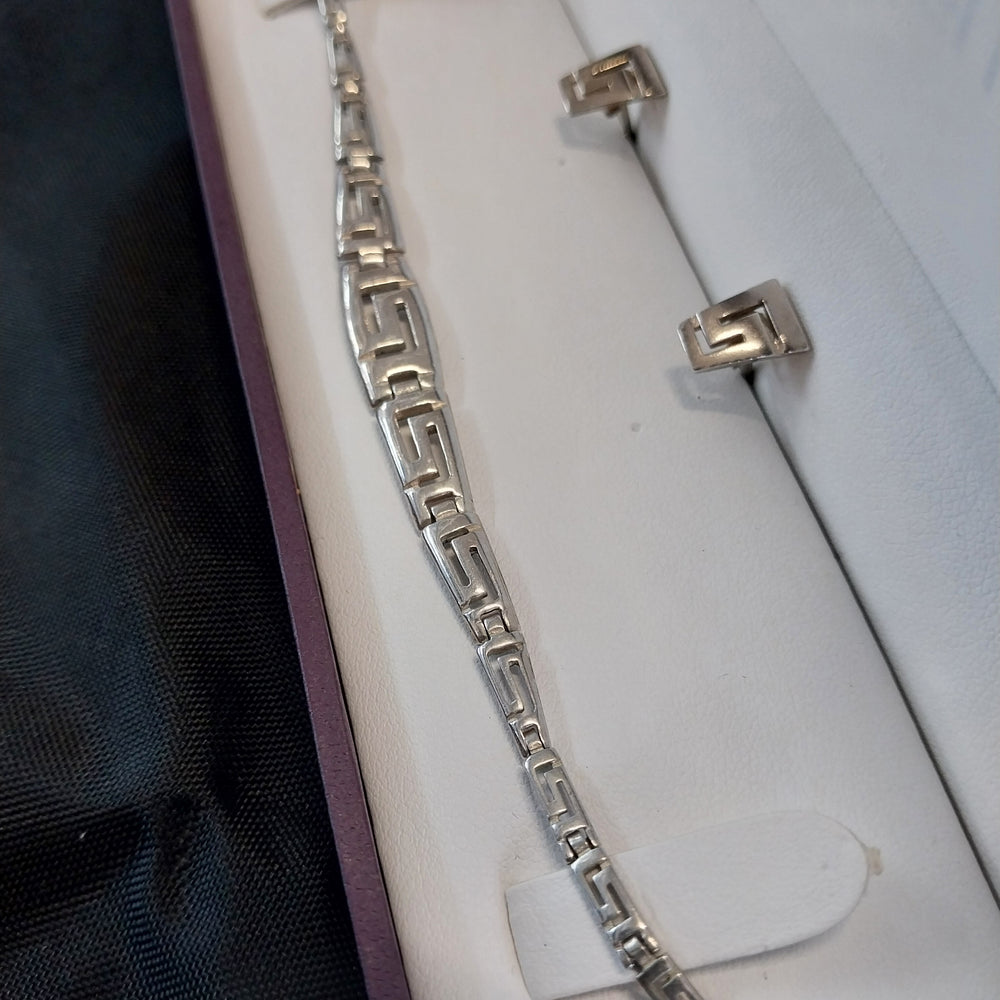 Vintage Sterling Silver 925 Greek Key Bracelet and Earring set