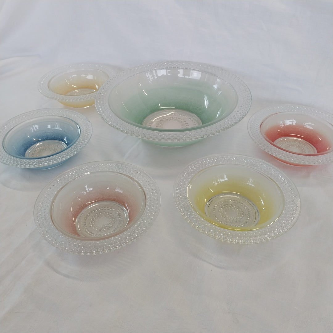 Vintage Hob Nail Coloured  Glass Bowls Set Six Pieces