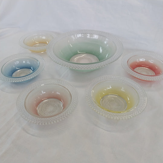 Vintage Hob Nail Coloured  Glass Bowls Set Six Pieces
