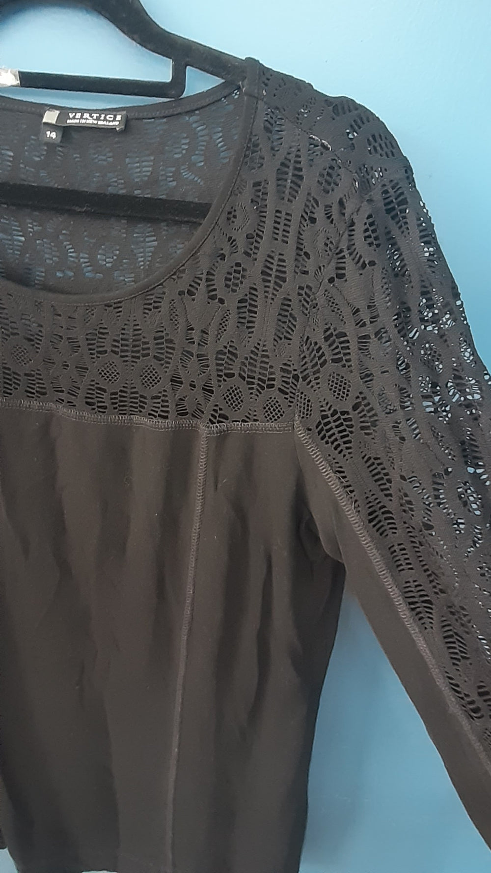Vertice made in NZ black top with lace at top and sleeves size 14