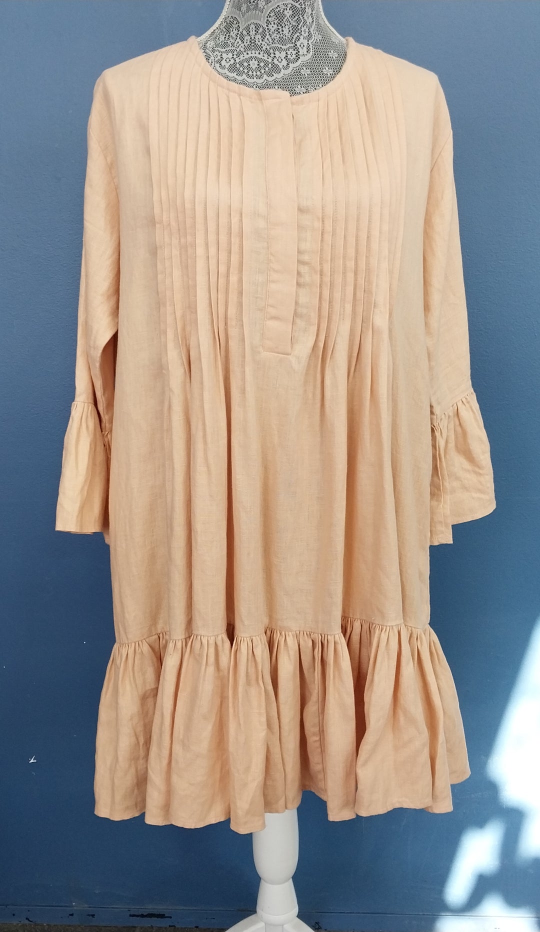 Superette 100% Linen Pleat Detail Dress- Size 12- Peach
