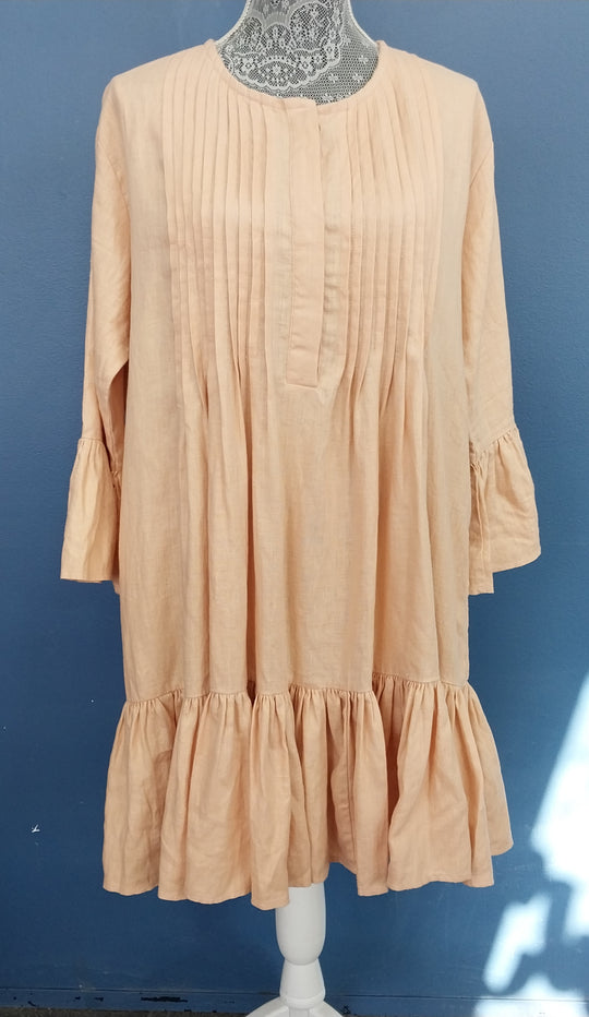 Superette 100% Linen Pleat Detail Dress- Size 12- Peach