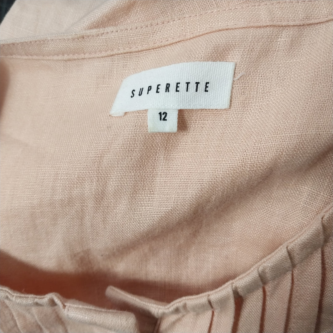 Superette 100% Linen Pleat Detail Dress- Size 12- Peach
