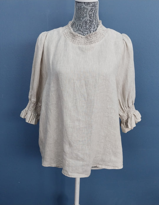 Ivy + Jack 100% Linen Blouse Size 12 Shirred Neck -Oatmeal