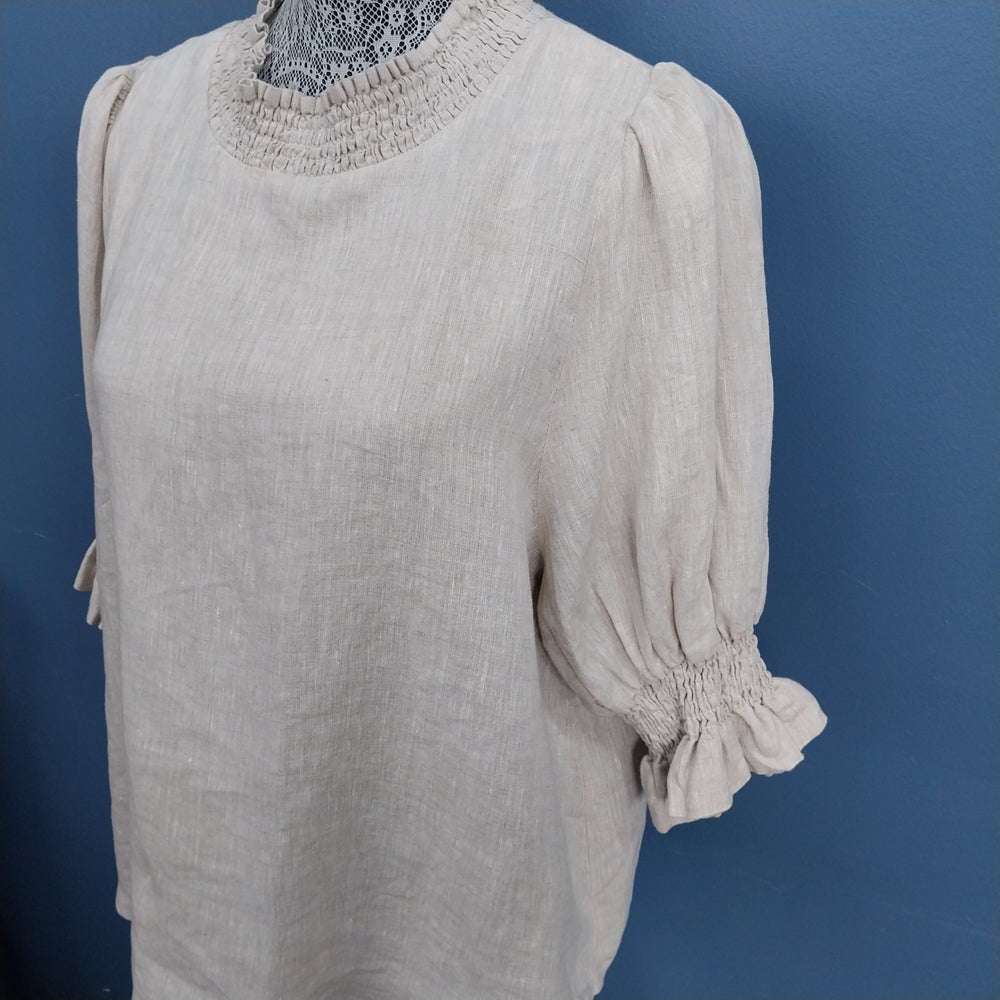 Ivy + Jack 100% Linen Blouse Size 12 Shirred Neck -Oatmeal