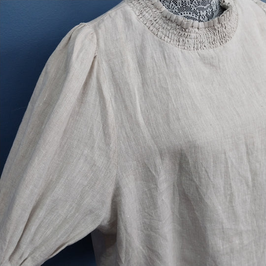 Ivy + Jack 100% Linen Blouse Size 12 Shirred Neck -Oatmeal
