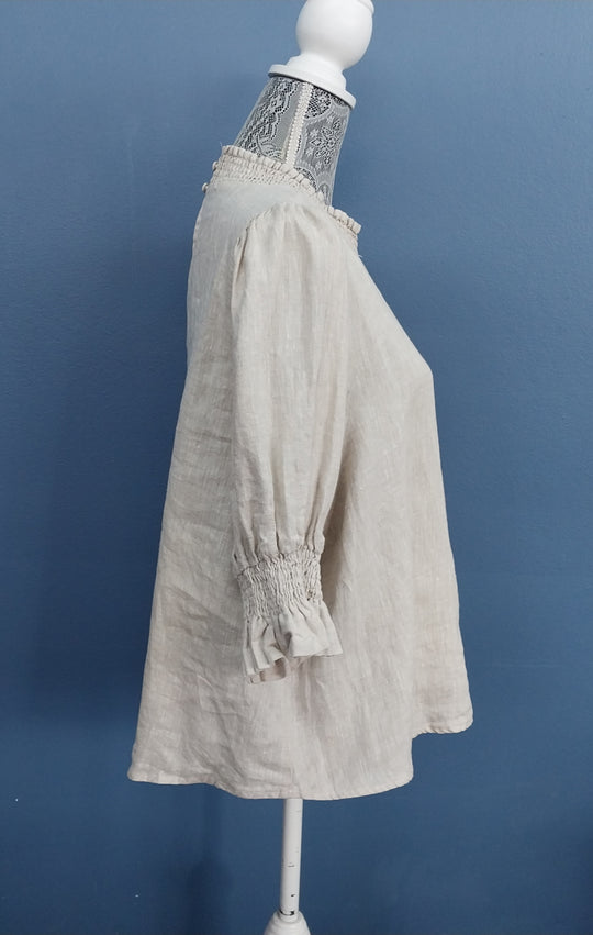 Ivy + Jack 100% Linen Blouse Size 12 Shirred Neck -Oatmeal