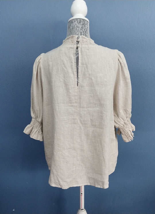 Ivy + Jack 100% Linen Blouse Size 12 Shirred Neck -Oatmeal