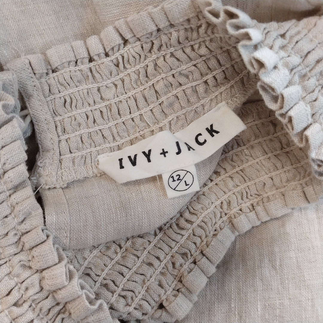 Ivy + Jack 100% Linen Blouse Size 12 Shirred Neck -Oatmeal