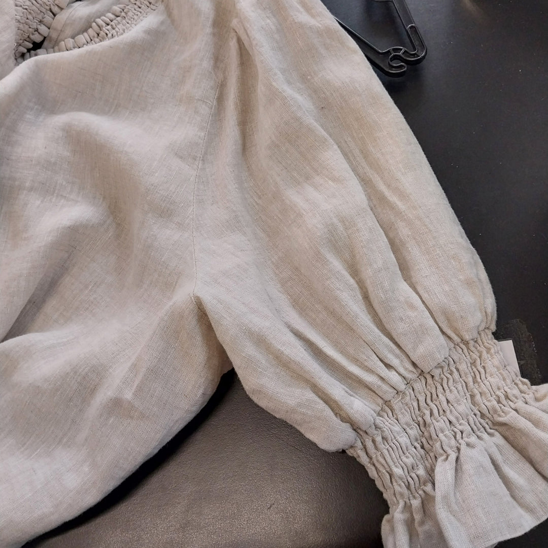 Ivy + Jack 100% Linen Blouse Size 12 Shirred Neck -Oatmeal