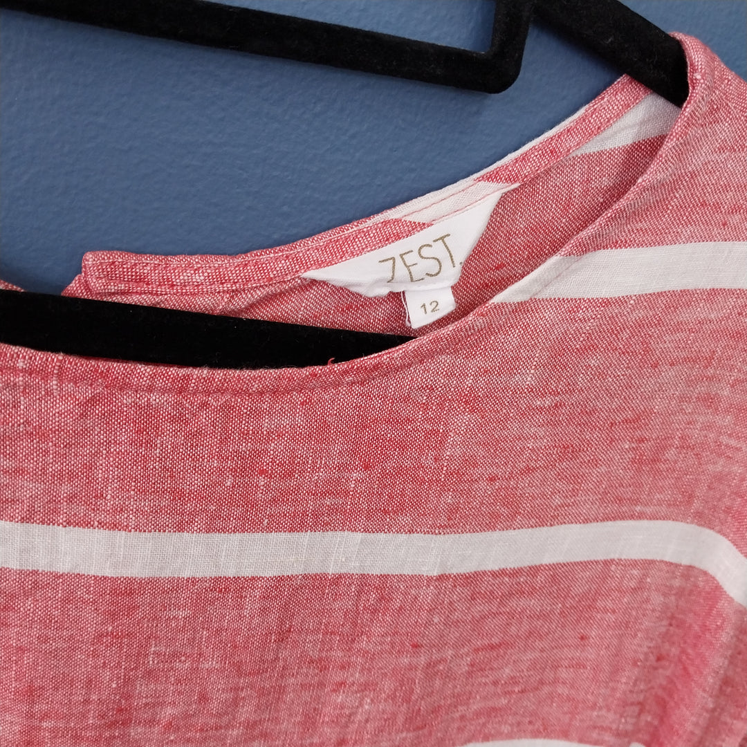 *Zest 100% Linen Dress Size 12  Red /White Stripe*