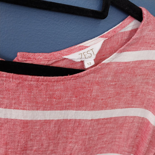 *Zest 100% Linen Dress Size 12  Red /White Stripe*