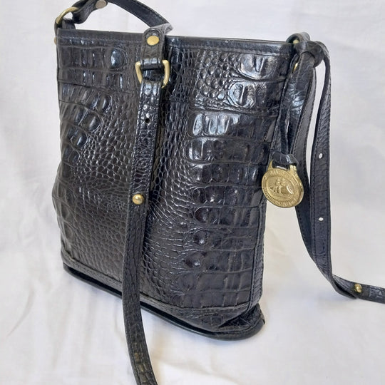 *Vintage Brahmin USA Crossbody Bag -Black- Croc Embossed Leather*