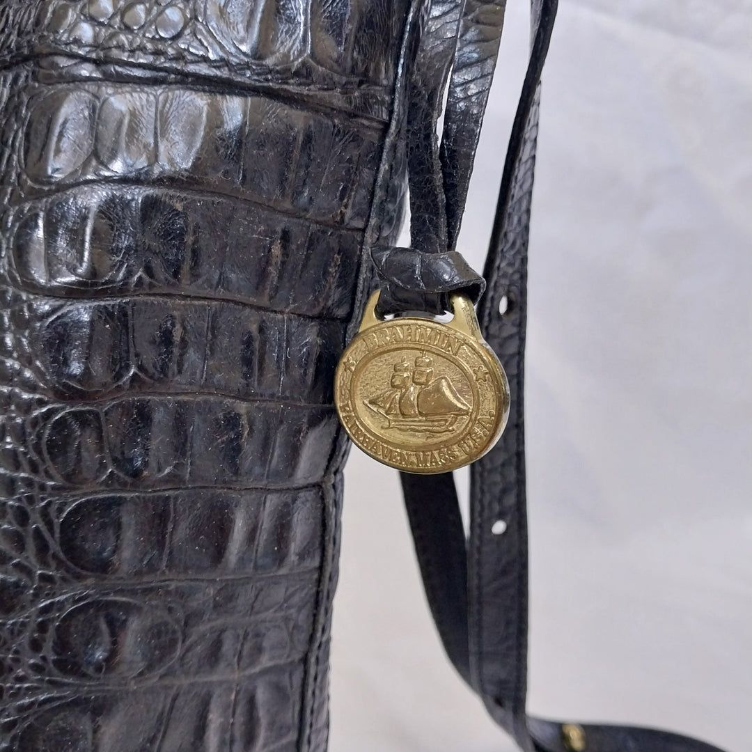 *Vintage Brahmin USA Crossbody Bag -Black- Croc Embossed Leather*