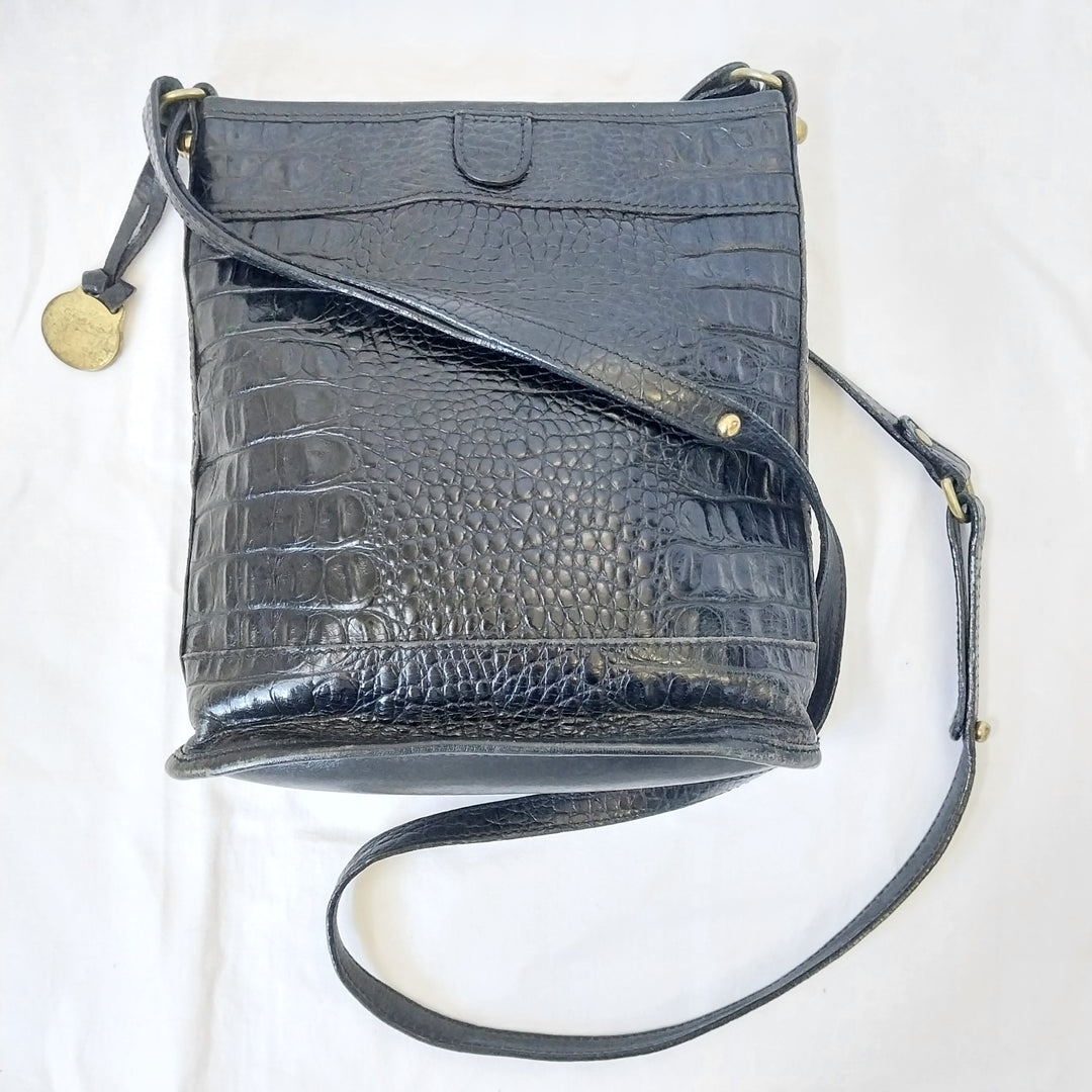 *Vintage Brahmin USA Crossbody Bag -Black- Croc Embossed Leather*