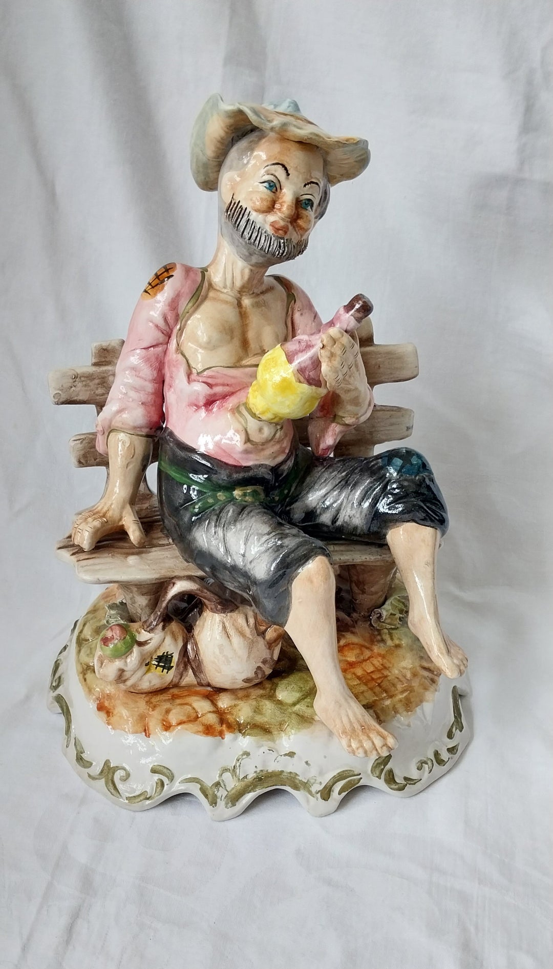 *Capodimonte Hobo Sitting On Bench- Vintage Porcelain*