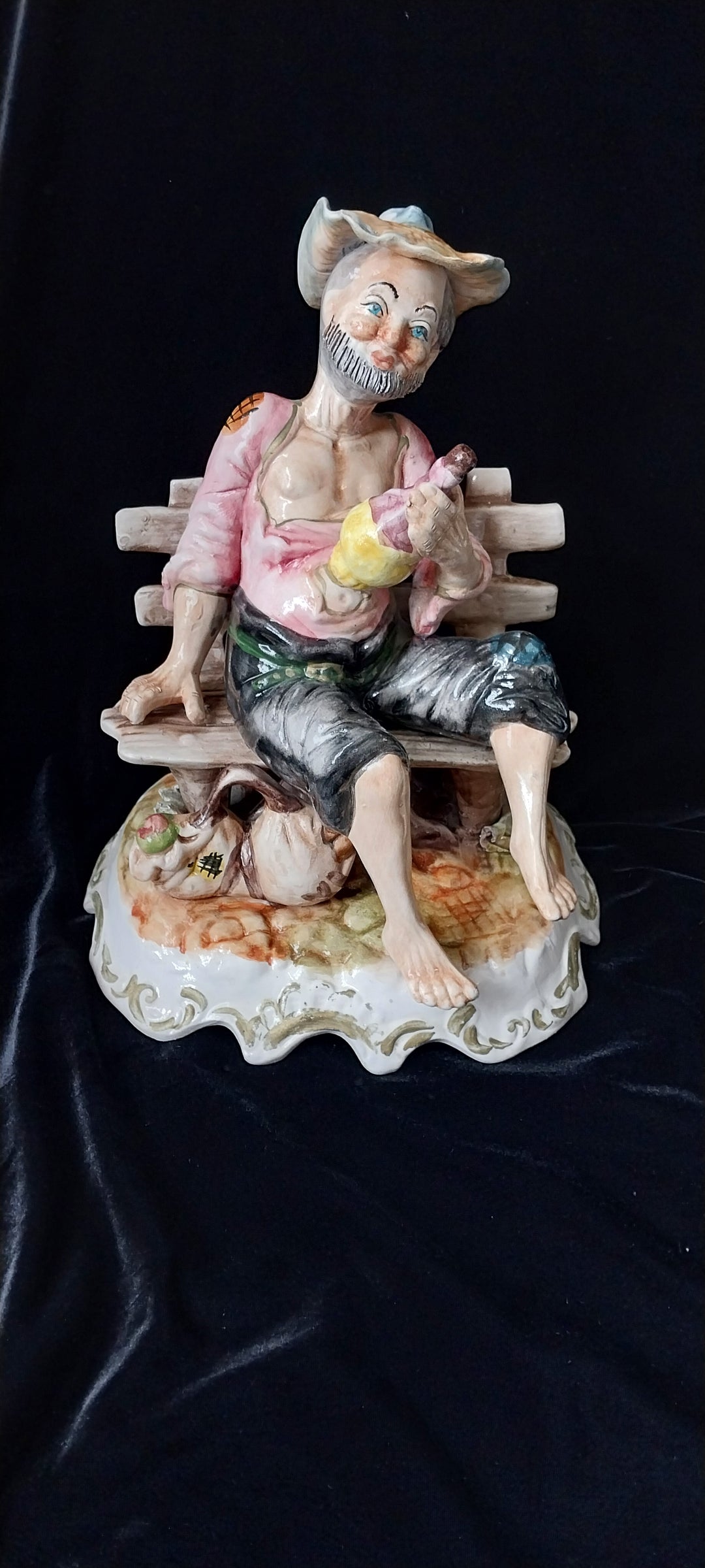 *Capodimonte Hobo Sitting On Bench- Vintage Porcelain*