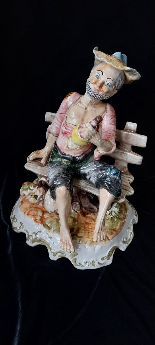 *Capodimonte Hobo Sitting On Bench- Vintage Porcelain*