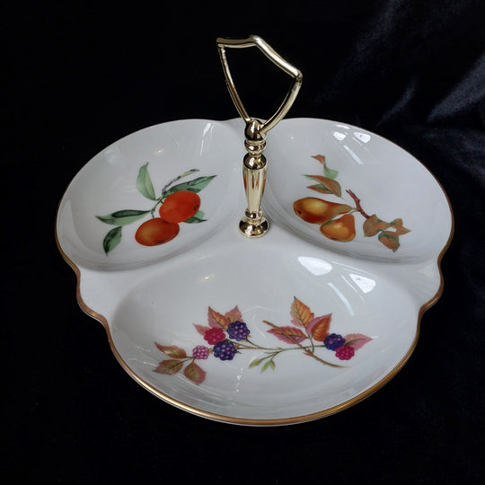 *Vintage Royal Worcester Evesham -three Part Relish Dish, Fine Porcelain. Gold Rim*