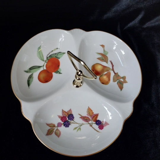 *Vintage Royal Worcester Evesham -three Part Relish Dish, Fine Porcelain. Gold Rim*