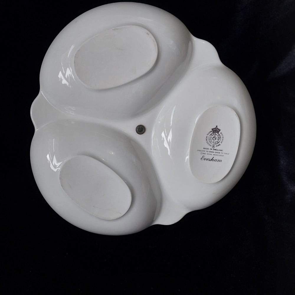 *Vintage Royal Worcester Evesham -three Part Relish Dish, Fine Porcelain. Gold Rim*