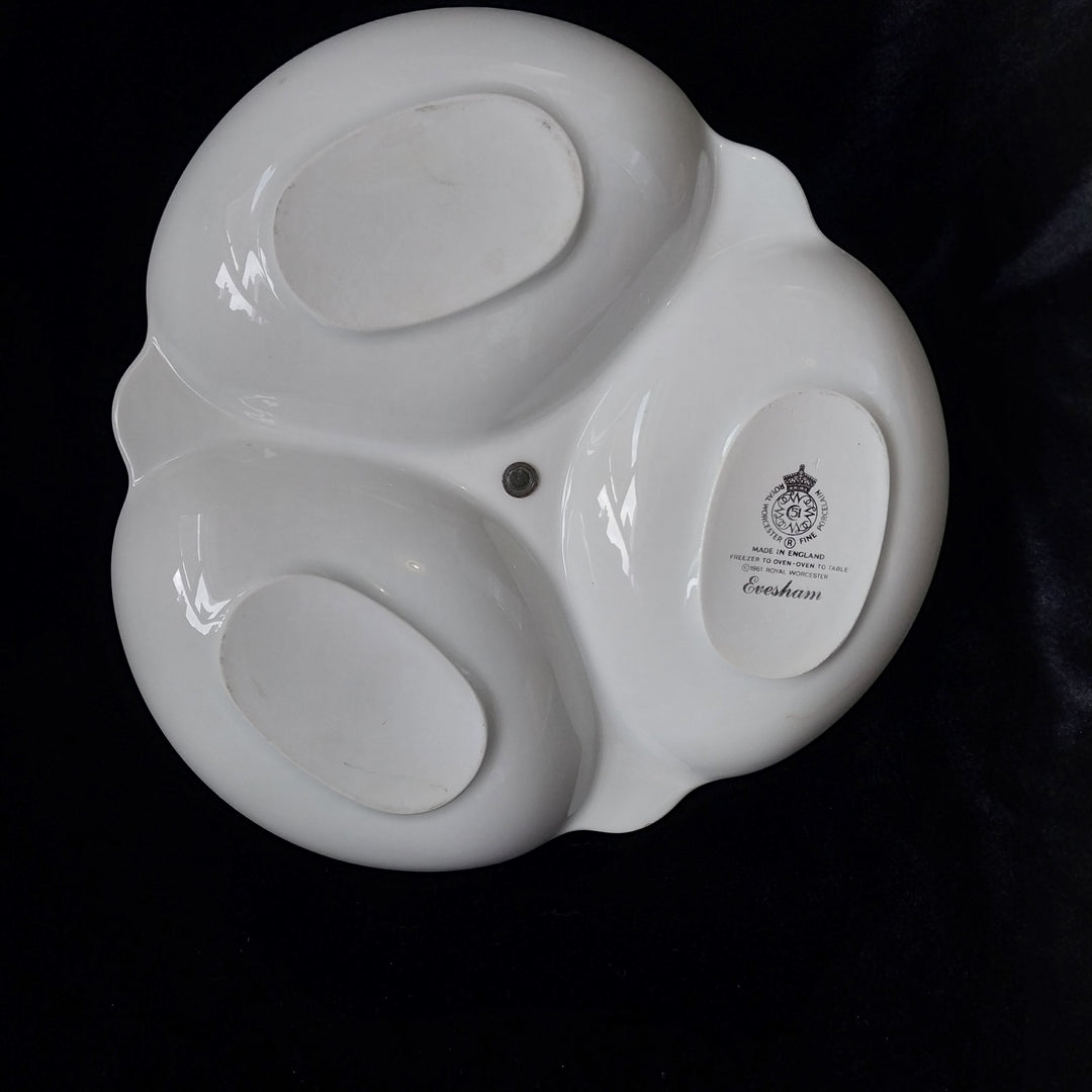 *Vintage Royal Worcester Evesham -three Part Relish Dish, Fine Porcelain. Gold Rim*