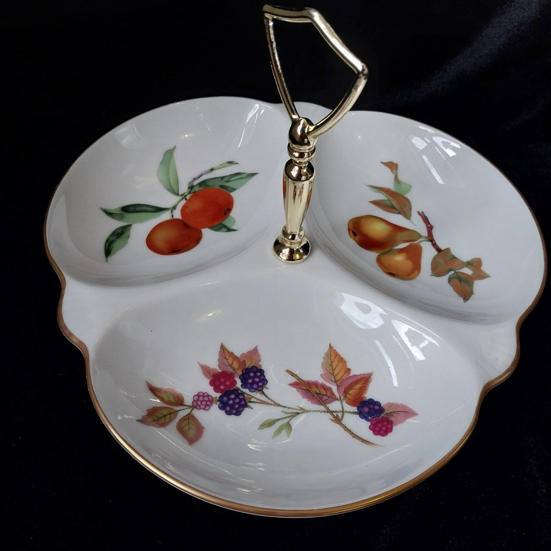 *Vintage Royal Worcester Evesham -three Part Relish Dish, Fine Porcelain. Gold Rim*