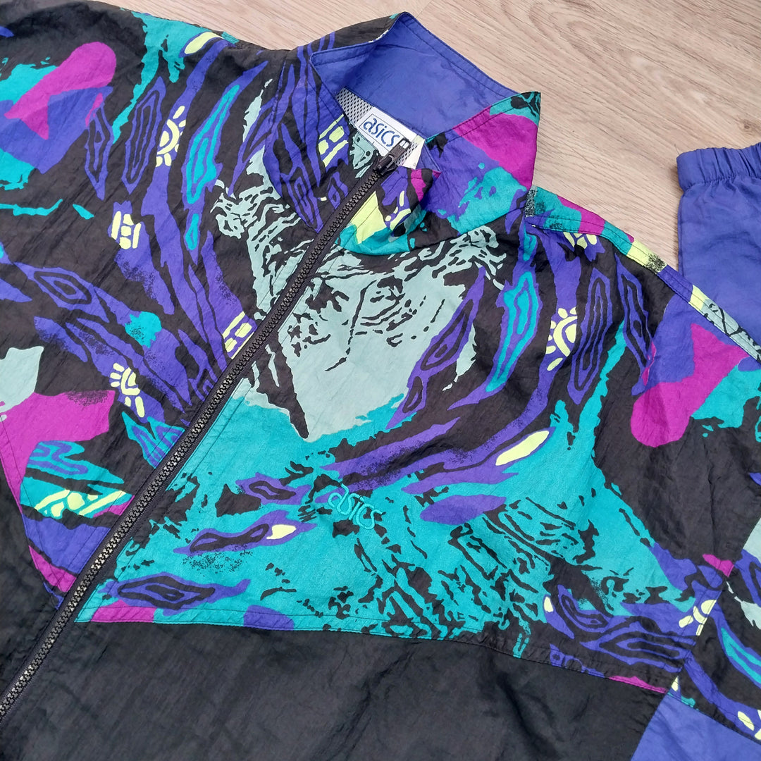 *Asics Tiger Windbreaker/Jacket Size L Vibrant 80s /90s Abstract Pattern*