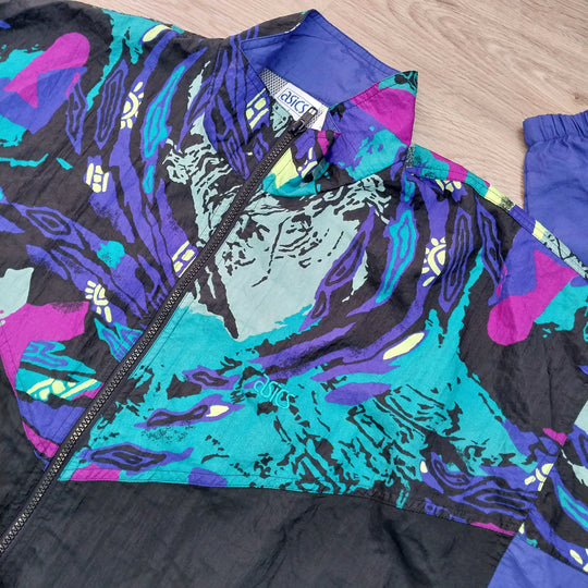 *Asics Tiger Windbreaker/Jacket Size L Vibrant 80s /90s Abstract Pattern*