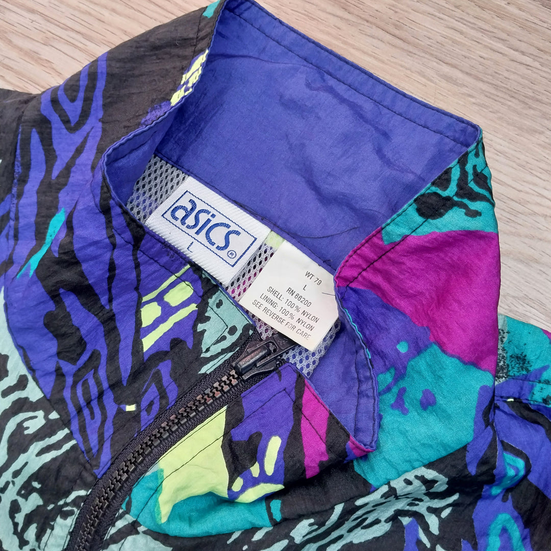 *Asics Tiger Windbreaker/Jacket Size L Vibrant 80s /90s Abstract Pattern*