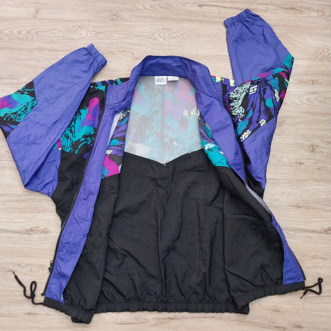 *Asics Tiger Windbreaker/Jacket Size L Vibrant 80s /90s Abstract Pattern*